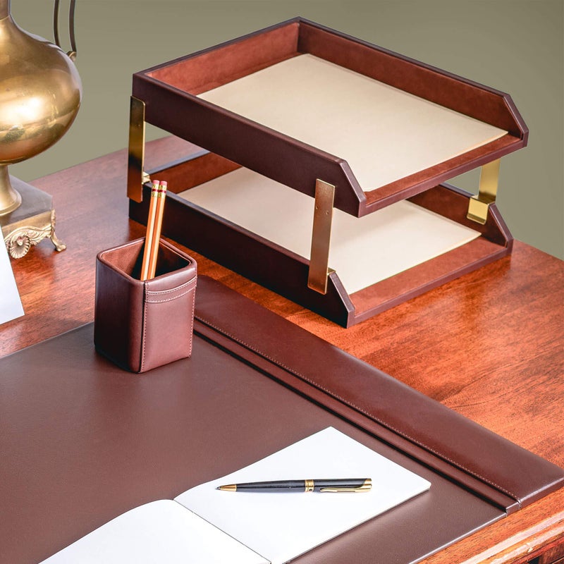 Dacasso Leather Double Letter Trays, Chocolate Brown (A3420) - Image 4